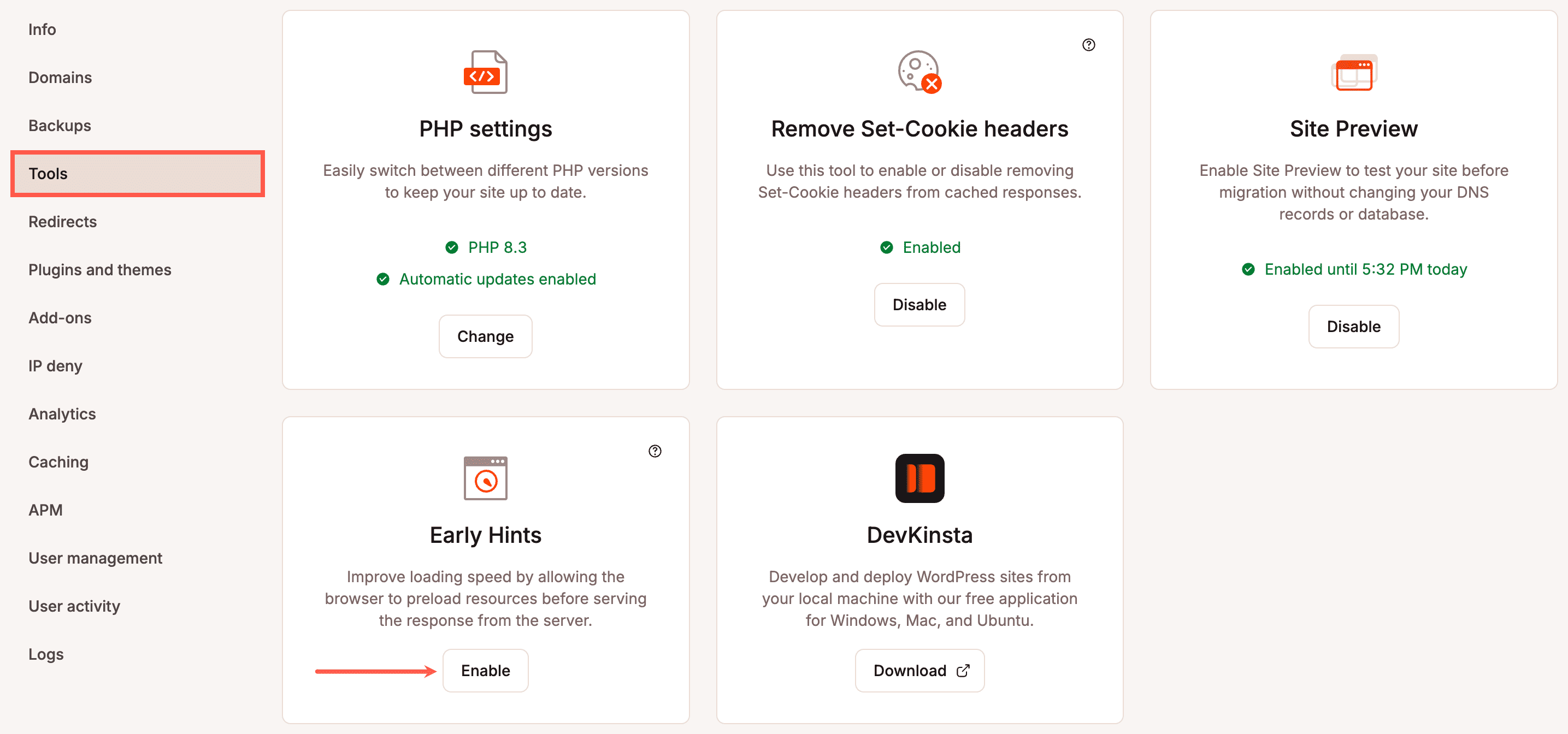 Activar Early Hints en MyKinsta.